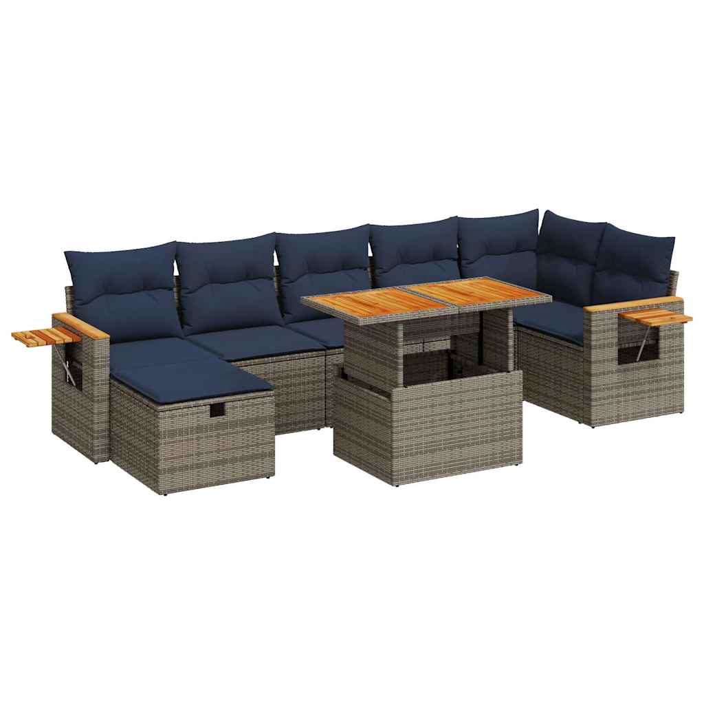 8 részes szürke polyrattan akácfa kerti ülőgarnitúra párnákkal