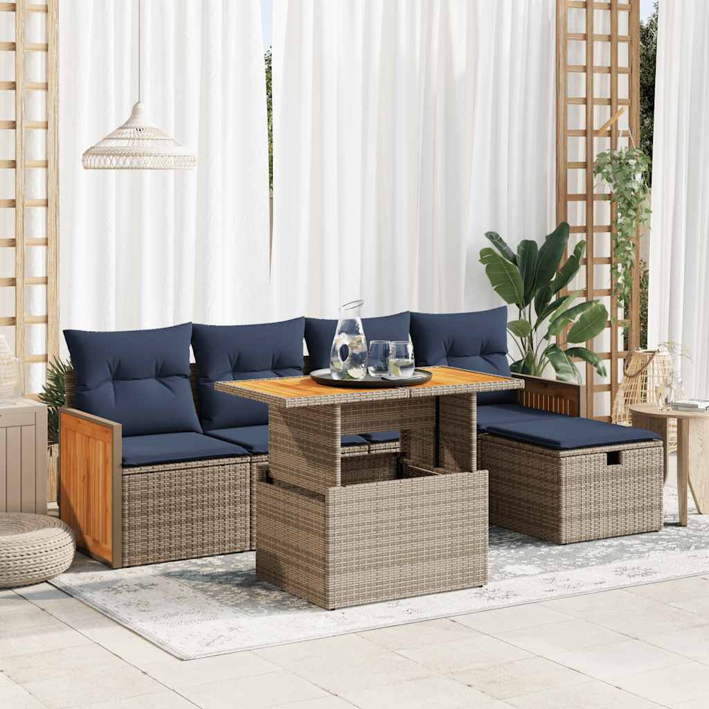 6 részes szürke polyrattan akácfa kerti ülőgarnitúra párnákkal