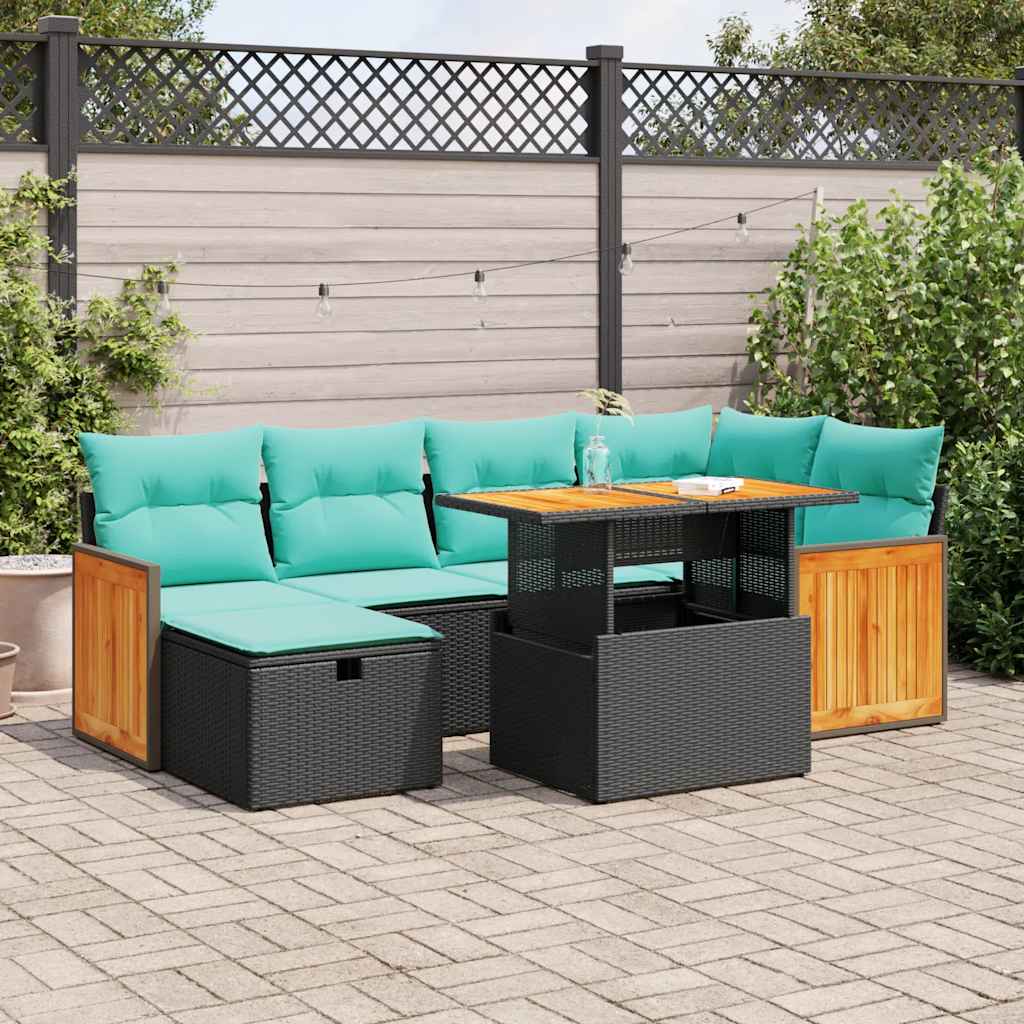 7 részes barna polyrattan akácfa kerti ülőgarnitúra párnákkal