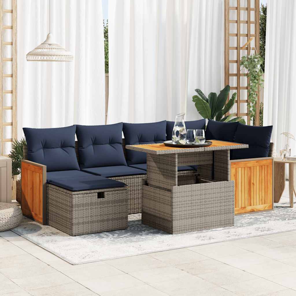 7 részes szürke polyrattan akácfa kerti ülőgarnitúra párnával