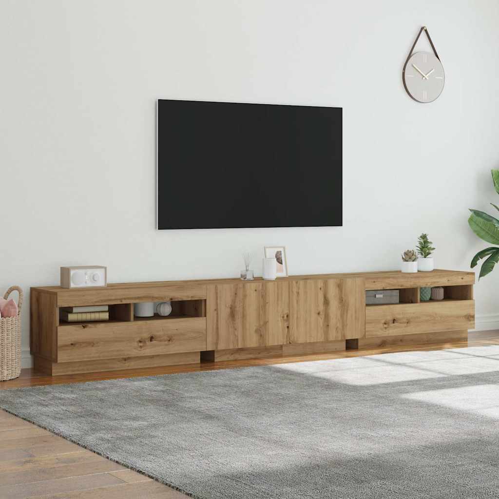 kézműves tölgy szerelt fa TV-szekrény LED-ekkel 260x35x40 cm