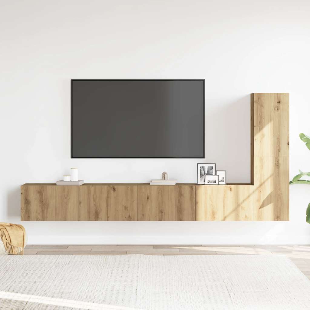 3 részes  kézműves tölgy színű szerelt fa fali TV-szekrényszett