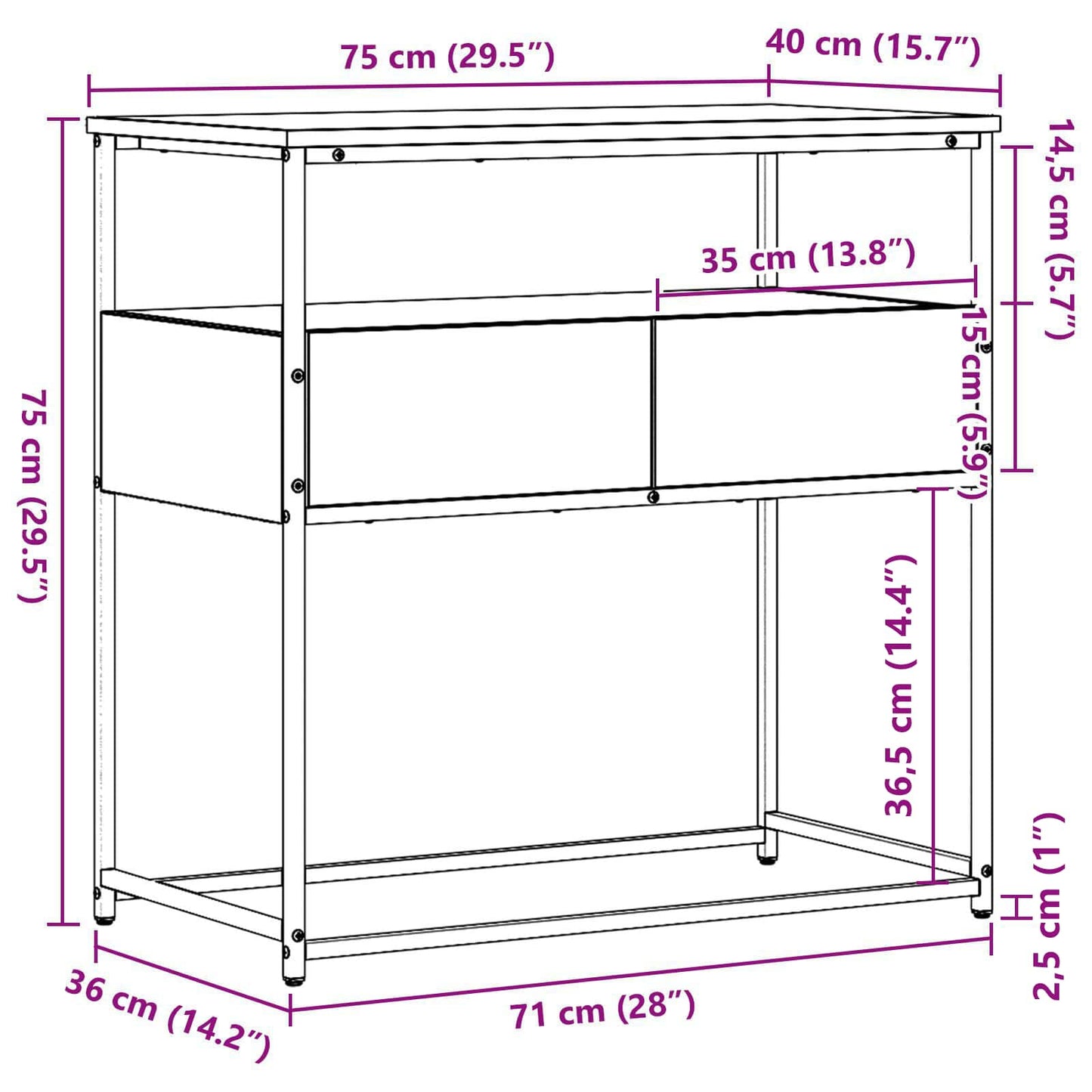 Konzolasztal Fekete tölgy 75 x 40 x 75 cm Szerelt Fa