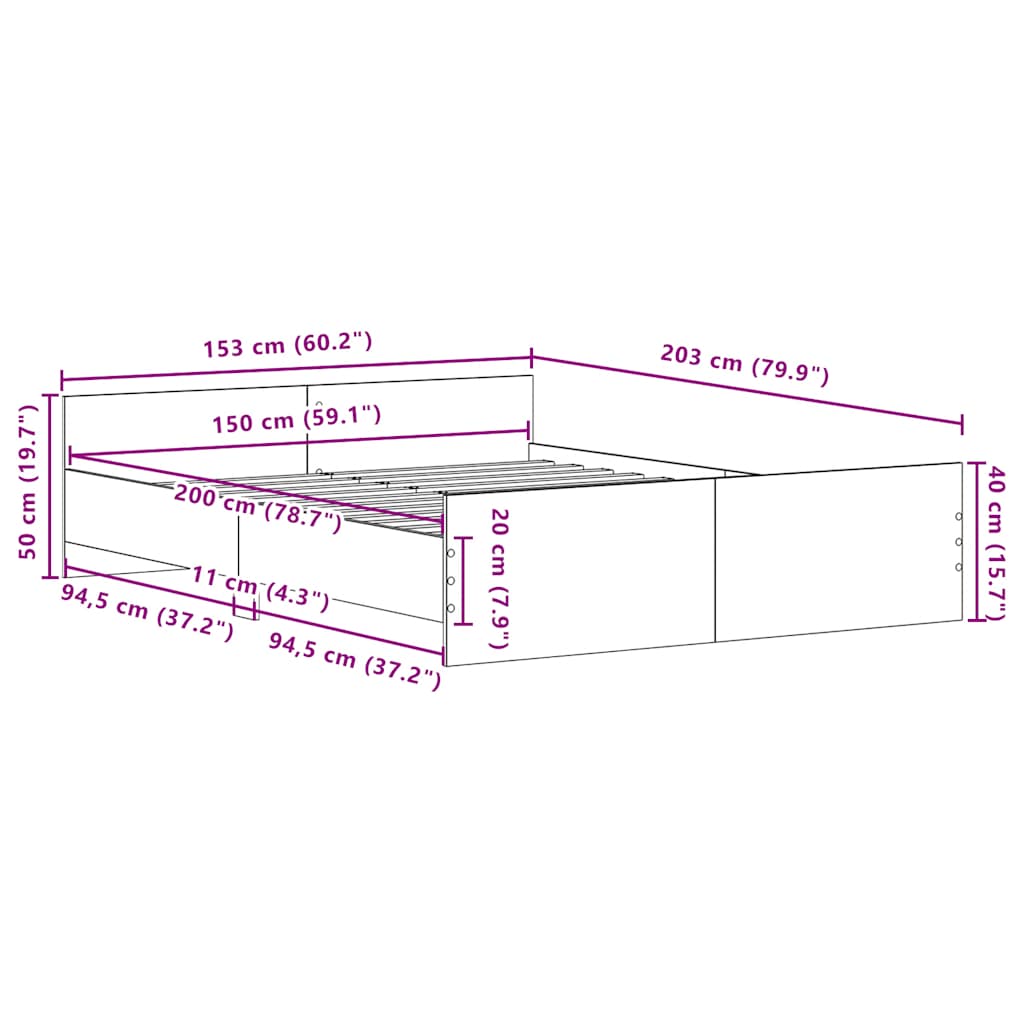 fekete tölgy színű szerelt fa ágykeret matrac nélkül 150x200 cm