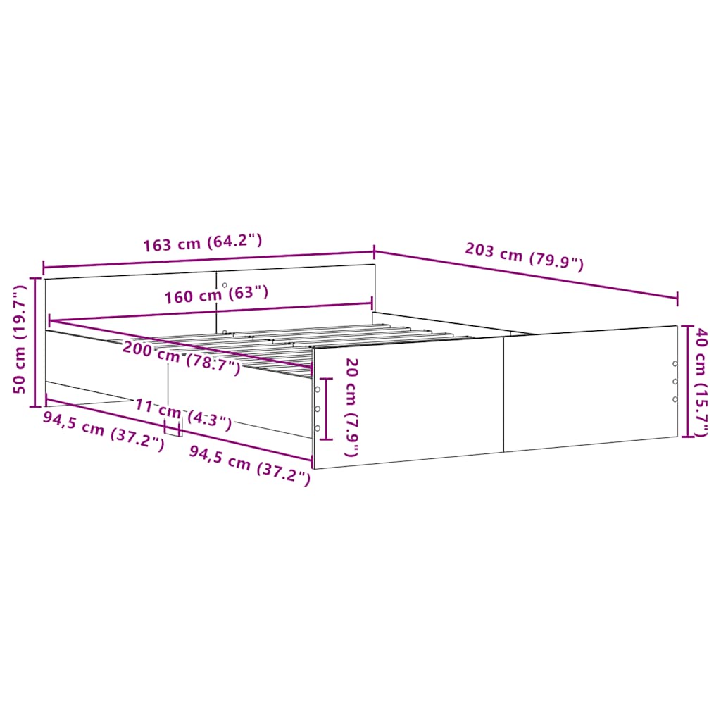 fekete tölgy színű szerelt fa ágykeret matrac nélkül 160x200 cm