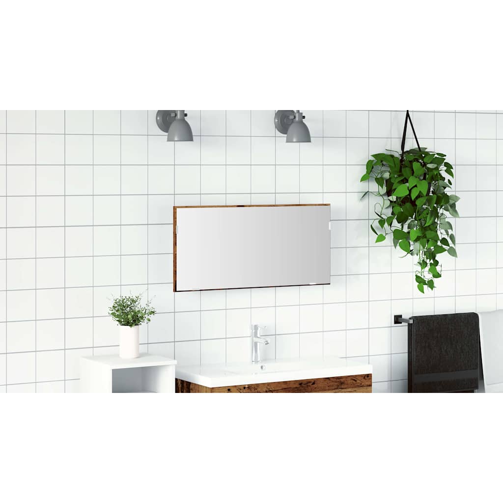 Tükör LED -es lámpákkal Régi fa 80 x 37 cm Üveg és Műszaki Fa