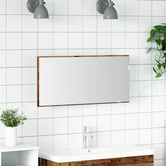 Tükör LED -es lámpákkal Régi fa 80 x 37 cm Üveg és Műszaki Fa