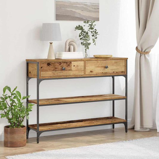 Konzolasztal fiókkal polcokkal Öreg fa 100 x 25 x 75 cm Faanyag