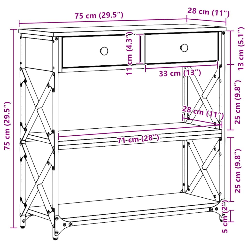Konzol Asztal Musta tammi 75 x 28 x 75 cm Műgyantás fa és fém
