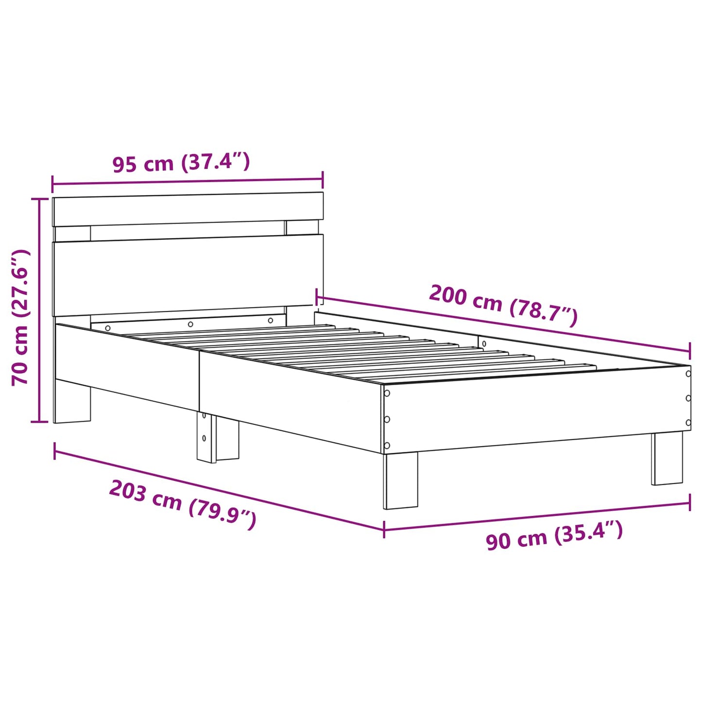 Ágykeret LED szalagokkal Fekete tölgy 90 x 200 cm Szerelt Fa