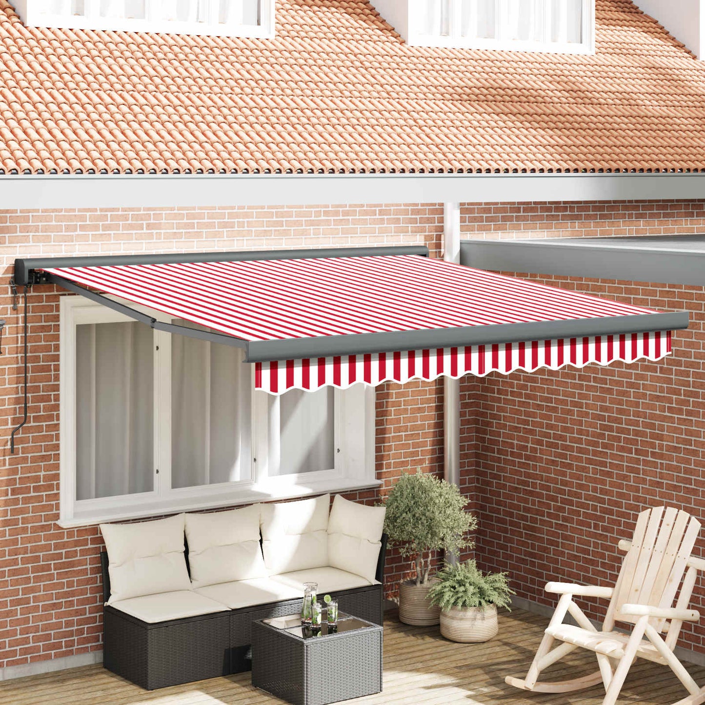 Behúzható napellenző Piros és Fehér 300 x 250 cm Szövet és Fém