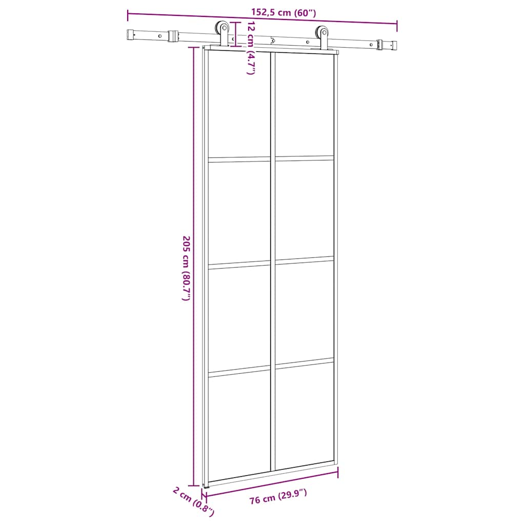 ESG üveg és alumínium tolóajtó fémszerelvény-szettel 76x205 cm