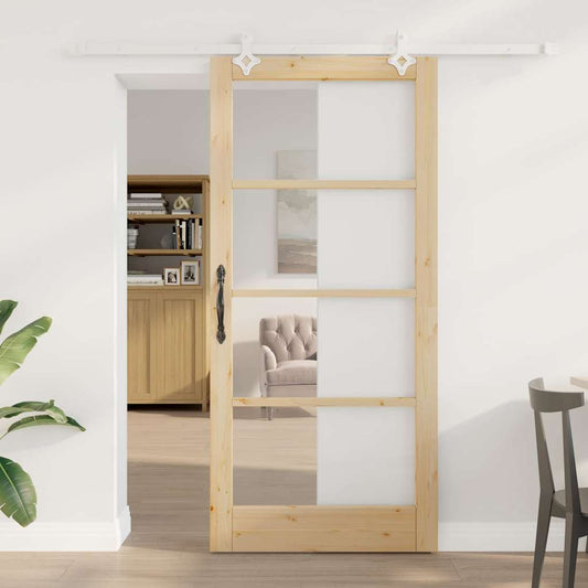 Csúszó ajtó Természetes 93 x 202 cm Tömör fenyőfa és üveg
