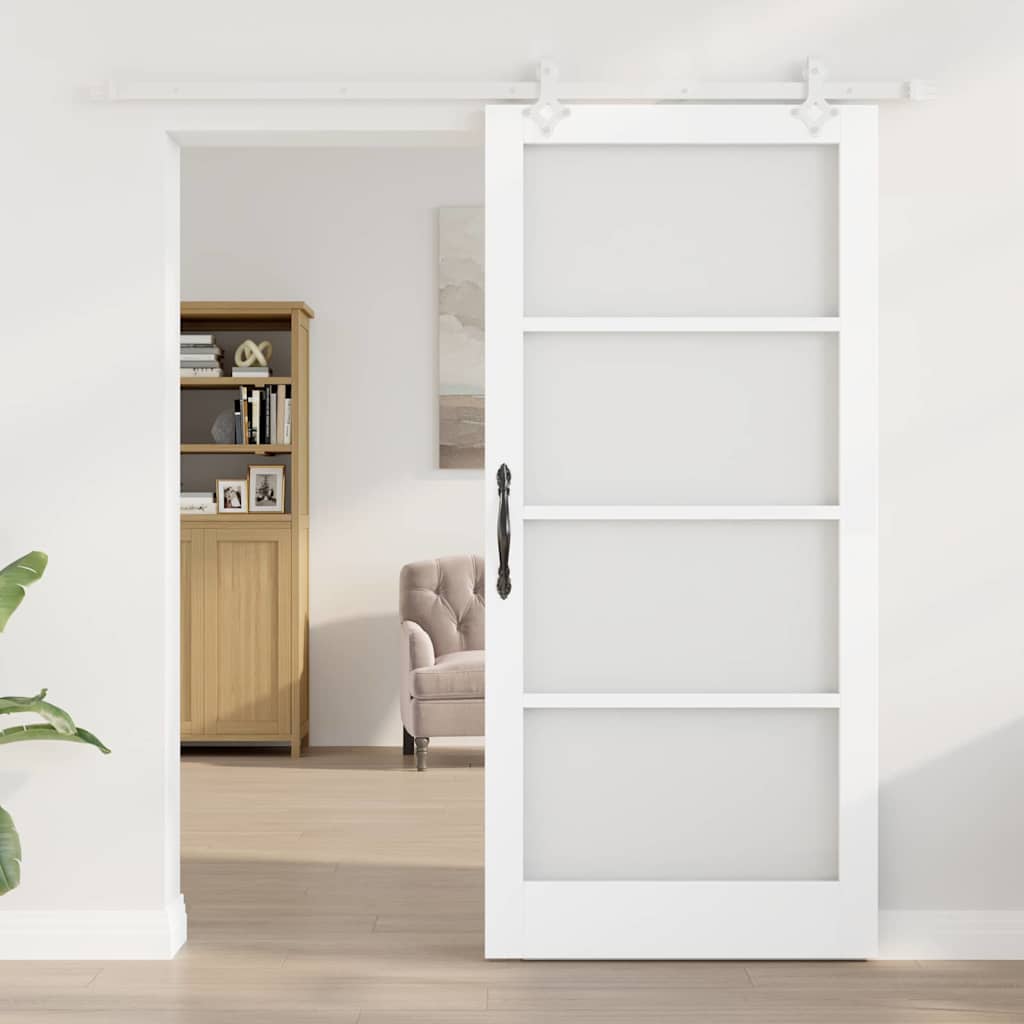 Csúszó ajtó Fehér 93 x 202 cm Tömör fenyőfa és üveg