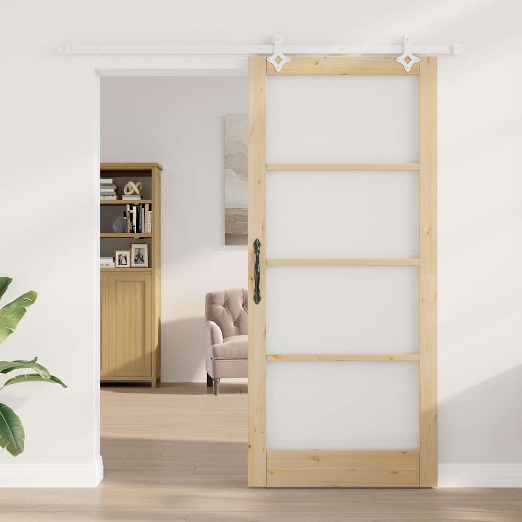 Csúszó ajtó Természetes 93 x 211 cm Tömör fenyőfa és üveg