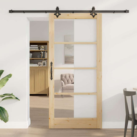 Csúszó ajtó Természetes 93 x 202 cm Tömör fenyőfa és üveg