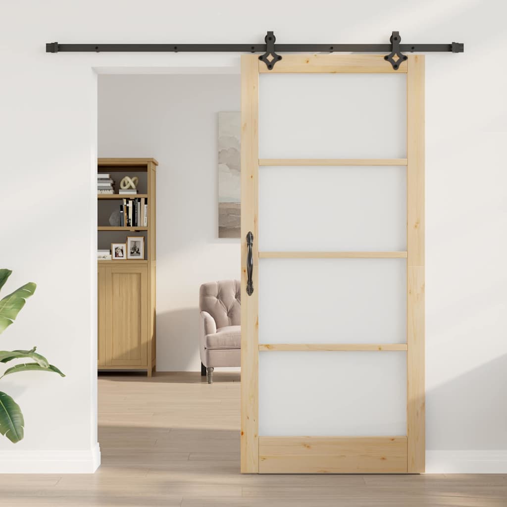 Csúszó ajtó Természetes 93 x 211 cm Tömör fenyőfa és üveg