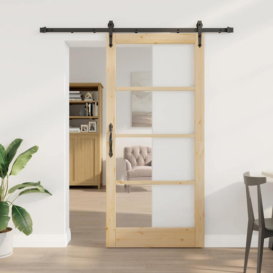 Csúszó ajtó Természetes 93 x 202 cm Tömör fenyőfa és üveg