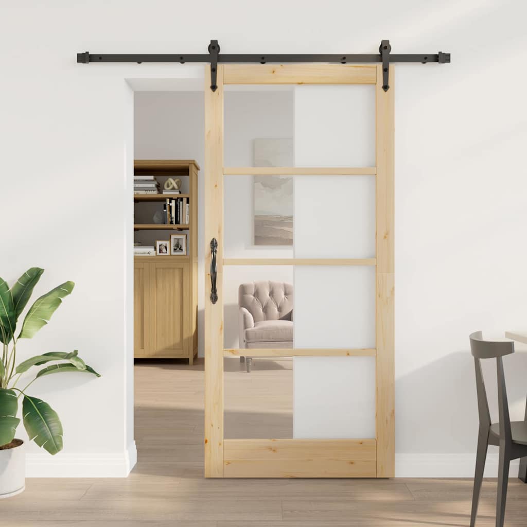 Csúszó ajtó Természetes 93 x 202 cm Tömör fenyőfa és üveg