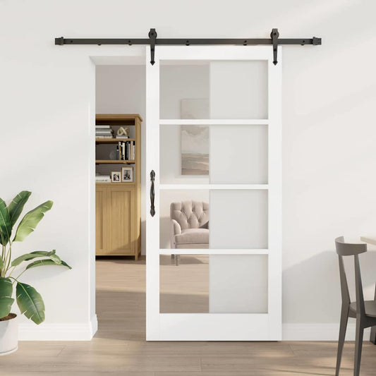 Csúszó ajtó Fehér 93 x 202 cm Tömör fenyőfa és üveg