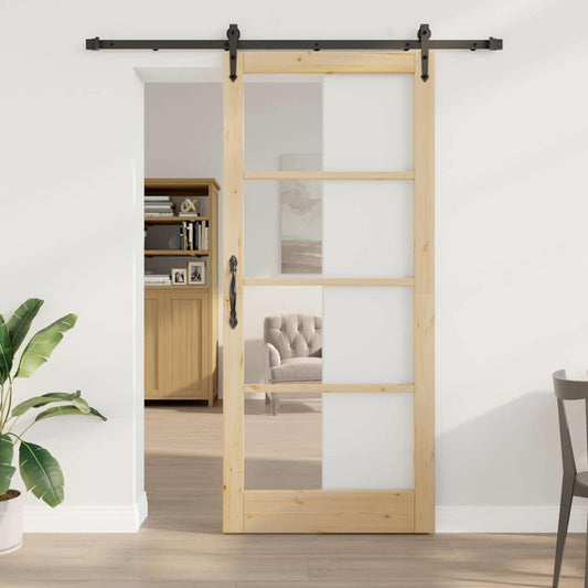 Csúszó ajtó Természetes 93 x 211 cm Tömör fenyőfa és üveg