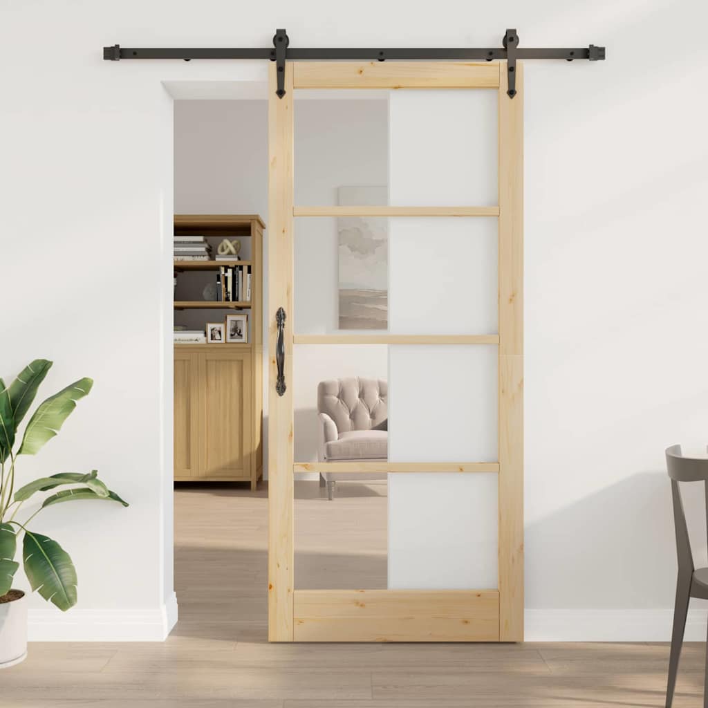 Csúszó ajtó Természetes 93 x 211 cm Tömör fenyőfa és üveg