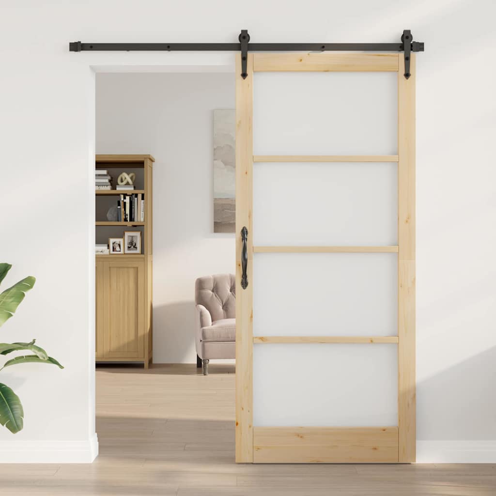 Csúszó ajtó Természetes 93 x 211 cm Tömör fenyőfa és üveg