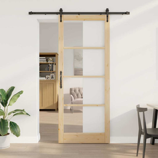 Csúszó ajtó Természetes 93 x 232 cm Tömör fenyőfa és üveg