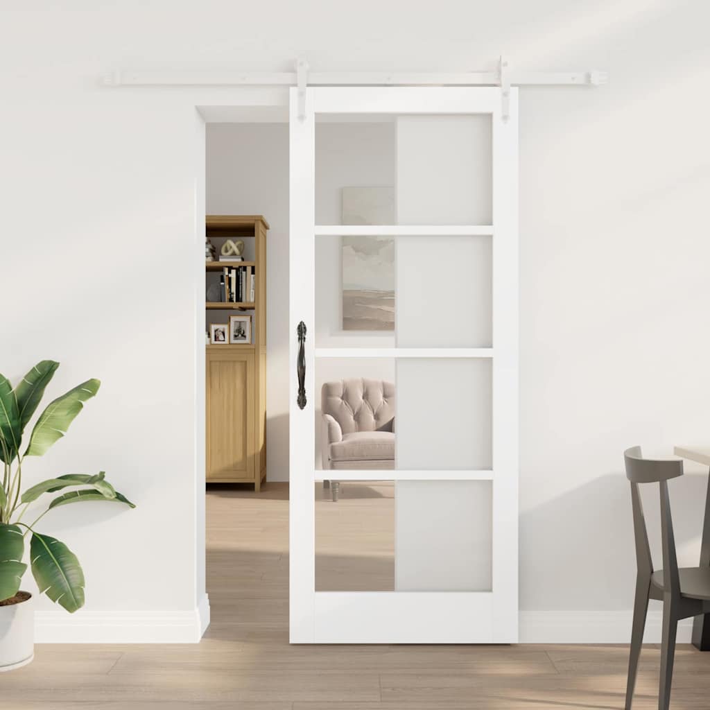 Csúszó ajtó Fehér 83 x 202 cm Tömör fenyőfa és üveg