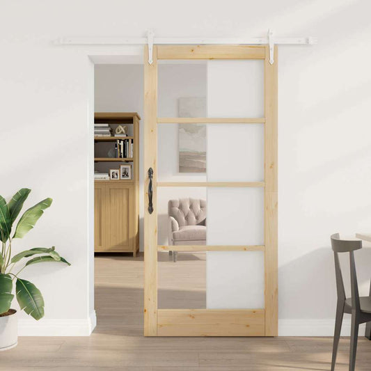 Csúszó ajtó Természetes 93 x 202 cm Tömör fenyőfa és üveg