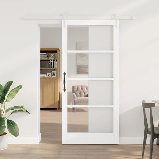 Csúszó ajtó Fehér 93 x 202 cm Tömör fenyőfa és üveg