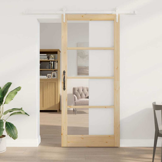 Csúszó ajtó Természetes 93 x 211 cm Tömör fenyőfa és üveg
