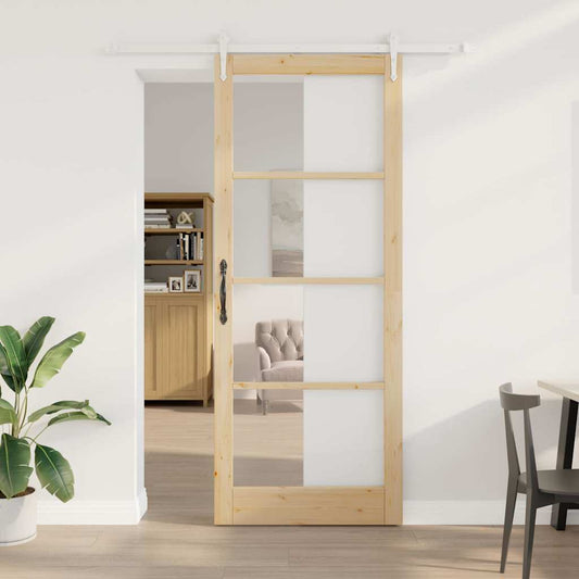 Csúszó ajtó Természetes 93 x 232 cm Tömör fenyőfa és üveg