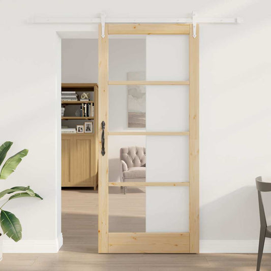 Csúszó ajtó Természetes 93 x 211 cm Tömör fenyőfa és üveg