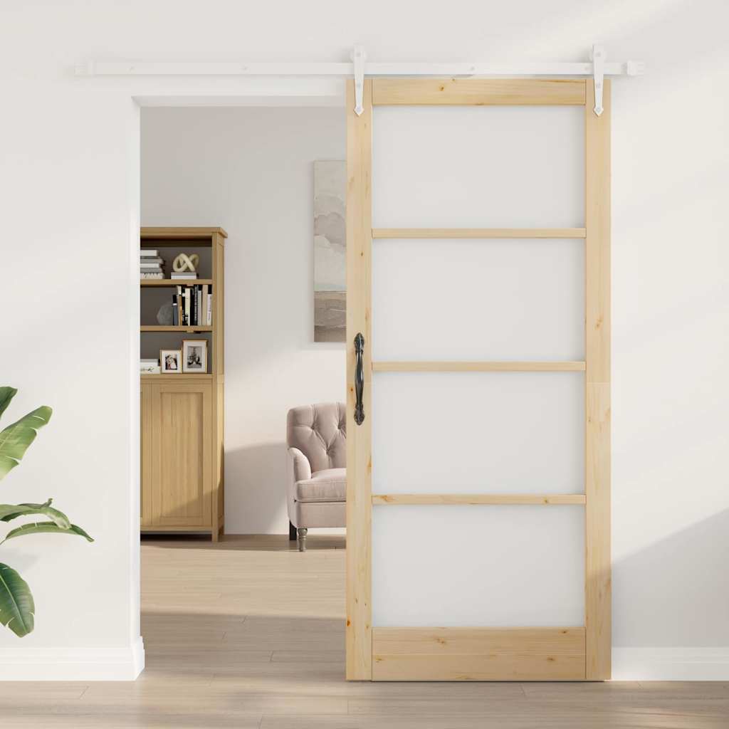 Csúszó ajtó Természetes 93 x 211 cm Tömör fenyőfa és üveg