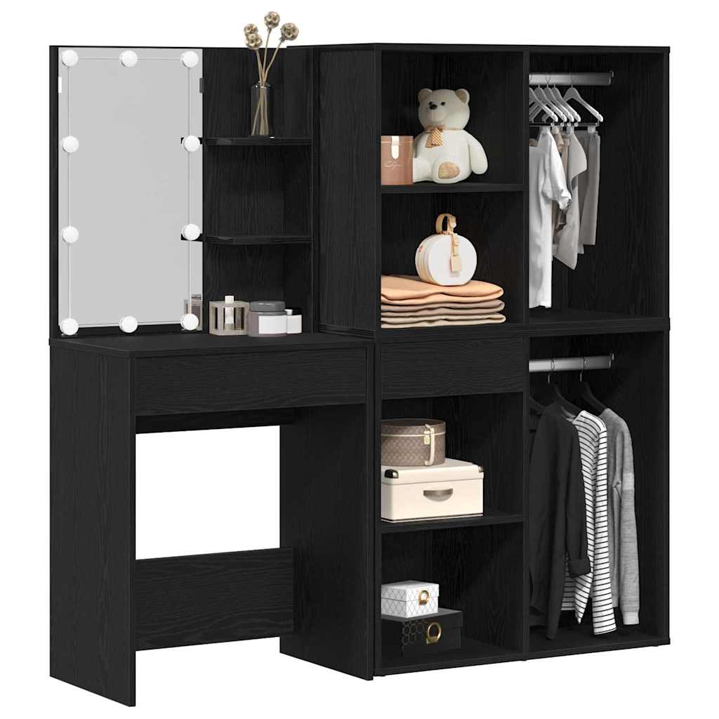 LED Sminkasztal Szett Fekete tölgy 140 x 40 x 140 cm Szerelt Fa