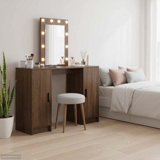 Öltözködőasztal tükör lámpákkal Barna 102 x 33 x 135 cm Faanyag