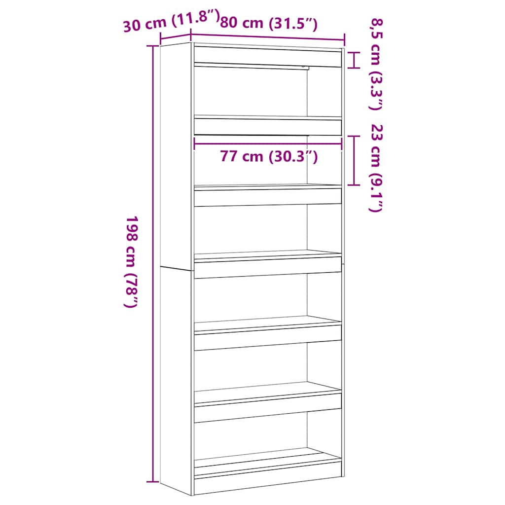 Könyvespolc 6 szintes 80 x 30 x 198 cm Szerelt Fa Füstölt tölgy