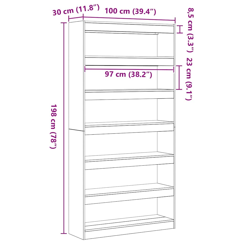 Könyvespolc 6 szintes 100 x 30 x 198 cm Szerelt Fa Sonoma tölgy