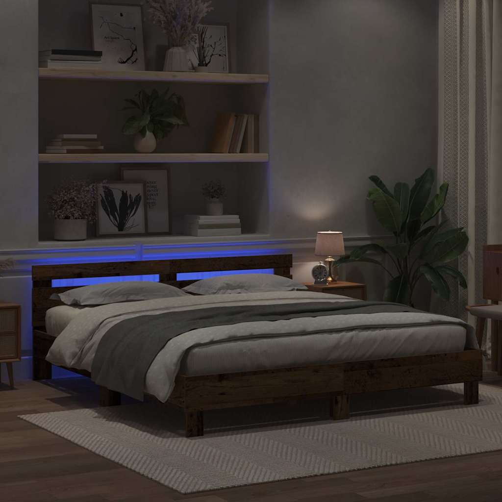 Ágykeret LED szalagokkal Öreg fa 180 x 200 cm Szerelt Fa