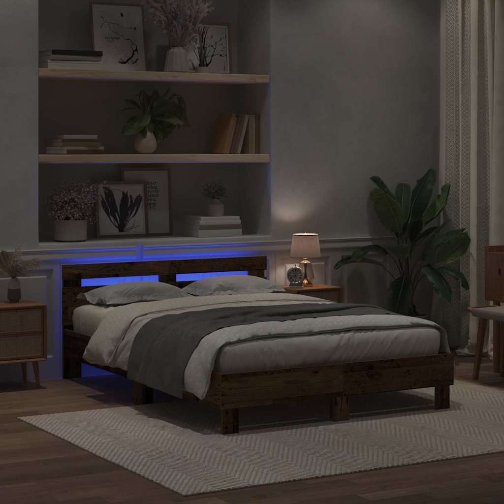 Ágykeret LED szalagokkal Öreg fa 160 x 200 cm Szerelt Fa