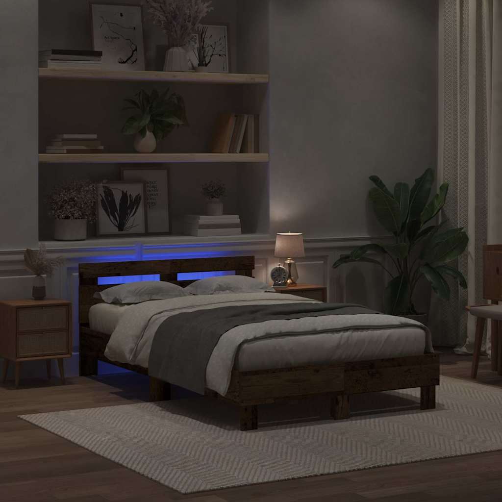 Ágykeret LED szalagokkal Öreg fa 120 x 200 cm Szerelt Fa