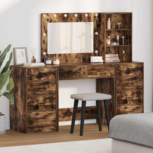 Öltözködőasztal tükör lámpákkal 3 pcs Füstölt tölgy Faanyag