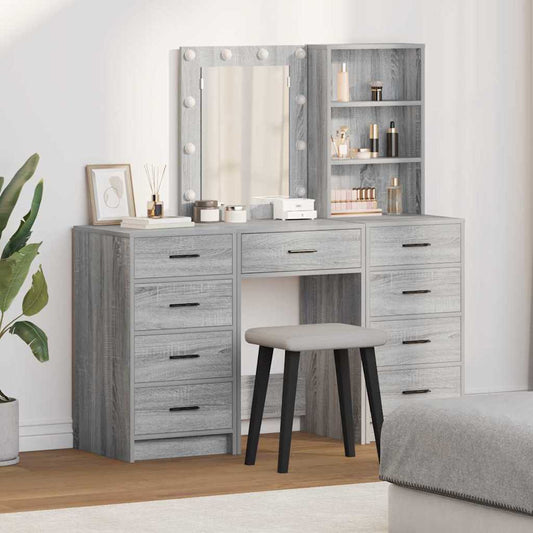 Öltözködőasztal tükör lámpákkal fiókkal 3 pcs Szürke Faanyag