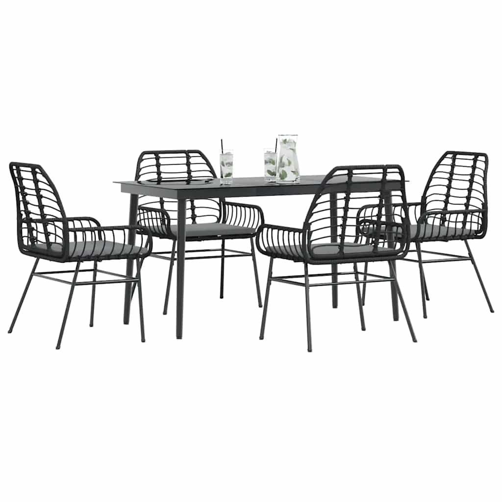 5 részes fekete polyrattan üveg kerti étkezőgarnitúra párnákkal