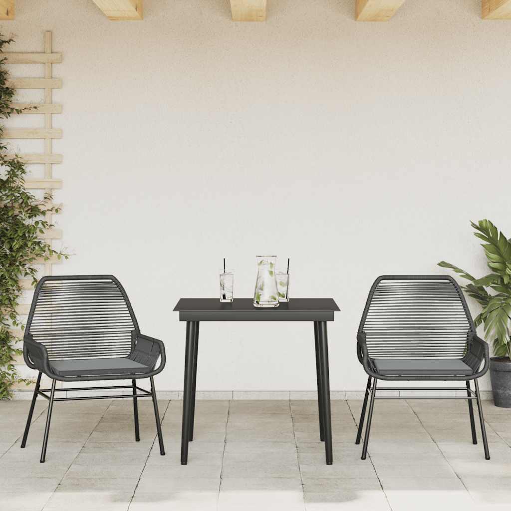 3 részes fekete polyrattan üveg kerti étkezőgarnitúra párnákkal