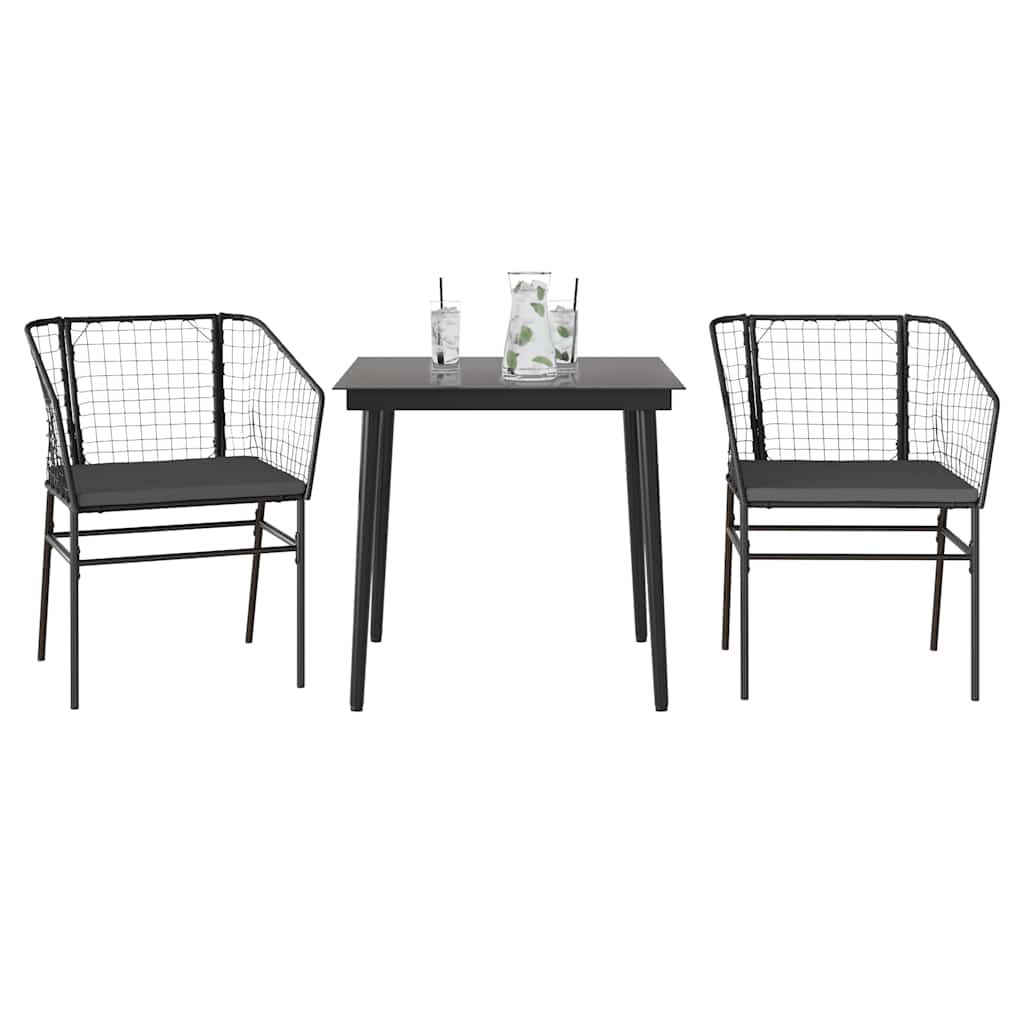 3 részes fekete polyrattan üveg kerti étkezőgarnitúra párnákkal
