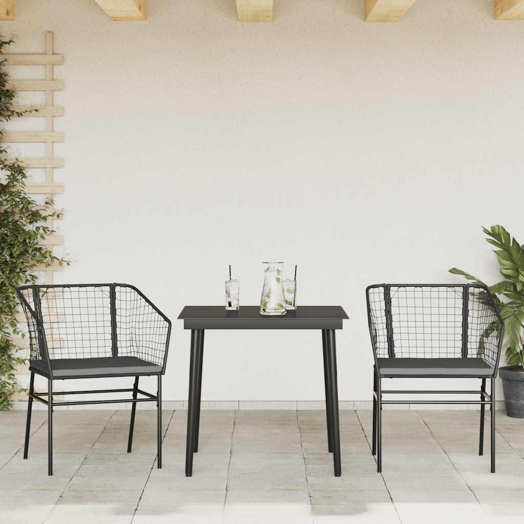 3 részes fekete polyrattan üveg kerti étkezőgarnitúra párnákkal