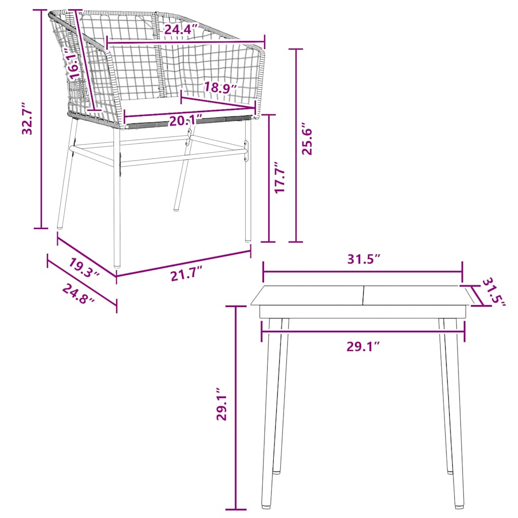 3 részes fekete polyrattan üveg kerti étkezőgarnitúra párnákkal