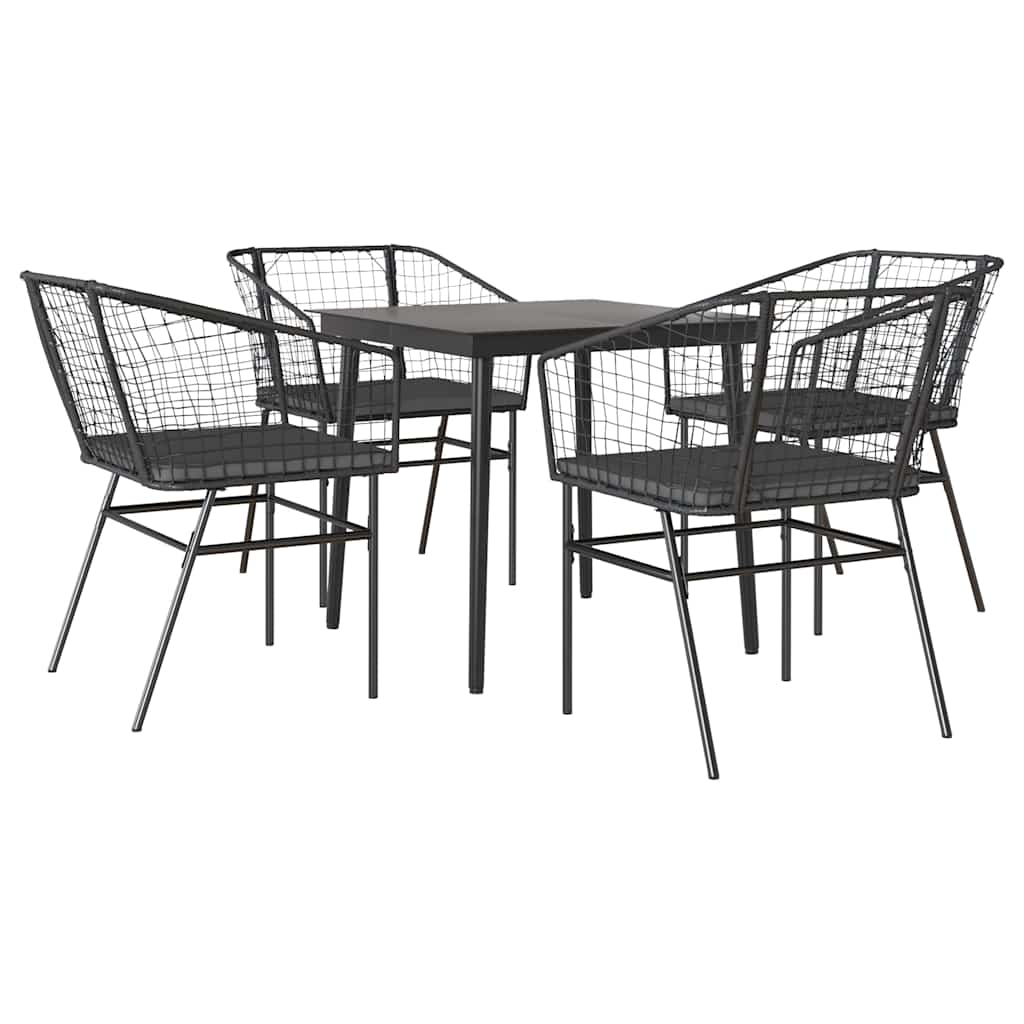 5 részes fekete polyrattan üveg kerti étkezőgarnitúra párnákkal